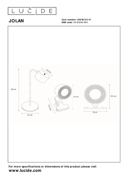 Lucide JOLAN - wiederaufladbare Schreibtischlampe/Klemmleuchte/Wandleuchte - Akku/Batterie - LED Dim to warm - 1x3,5W 2700K/5700K - Taupe - technisch